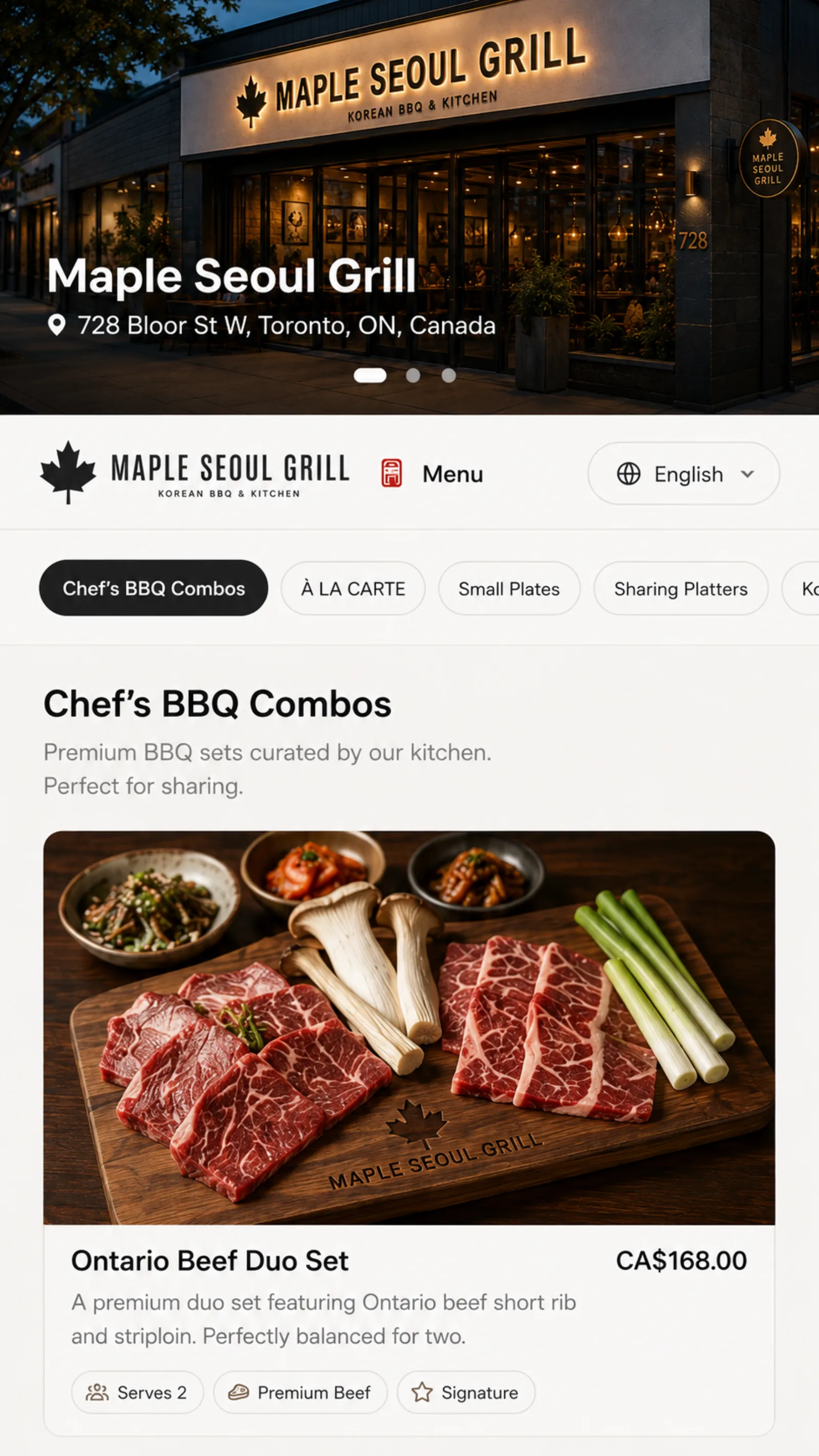 A restaurant's online menu open on a guest's phone